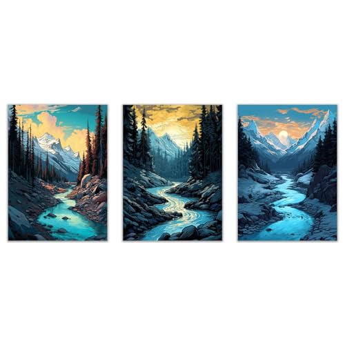Poster mural paysage montagne et rivière JOSUE, lot de 3 affiches bleu et noir pour salon 30x45cm