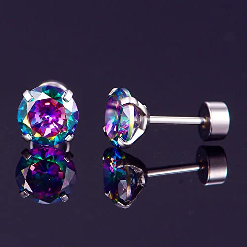 Pack Of Titanium Screw Back Pack Of Earrings Aurora Borealis Square Cubic Zirconia Studs For Women Men 20G Helix 316L Surgical Stainless Steel Hypoallergenic For Sensitive Ears Simulated Diamond Rainbow #TOP5