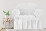 Seersucker Stretch Armchair Slipcover with Skirt Country Style 1-Piece White Chair Covers for Living...