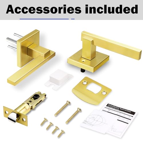 Image of Orger 1 Pack Gold Square Passage Door Handle, Non-Locking Door Lock, Door Lever for Closet and Hallway