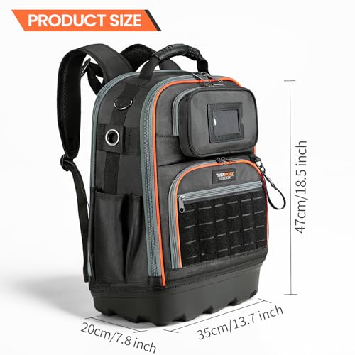 TUFFWORX Werkzeugrucksack, 35 Taschen, 35 x 20 x 47 cm, Schwarz und Orange, Wasserabweisend,Elektriker Rucksack mit verstärktem Boden