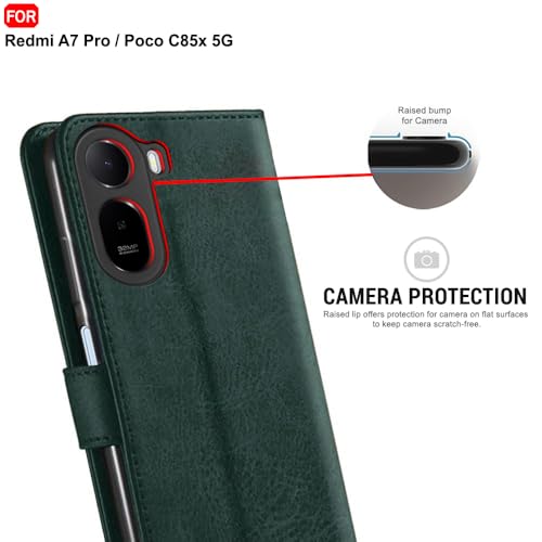 Image of TheGiftKart Genuine Leather Finish Flip Back Cover Case for Mi Redmi A7 Pro /Poco C85x 5G / C81 | Inbuilt Pockets & Stand | Designer Button Magnet Flip Back Cover Case (Faux Leather, Green)