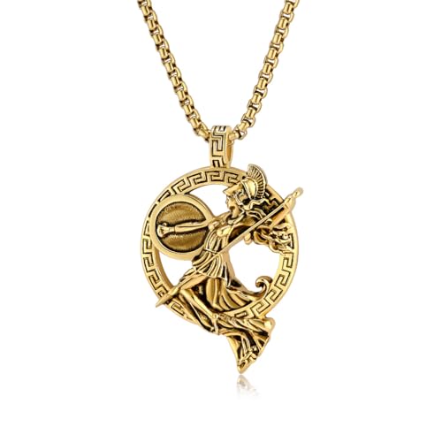 JESMING Vintage Personality Greek Goddess Stainless Steel Necklace – Mythological Athena Goddess Pendant in Gold, Silver, and Black (Gold)