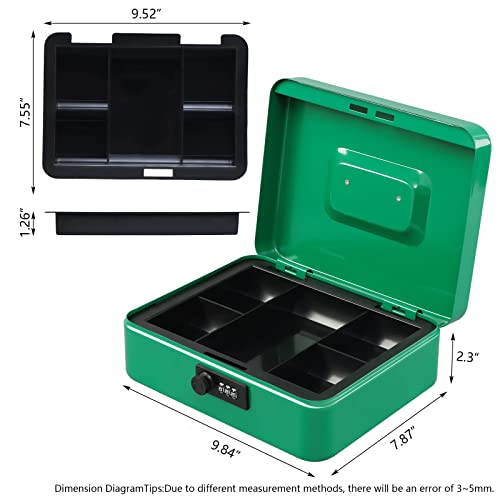 Image of KYODOLED Large Cash Box with Combination Lock,Safe Metal Box for Money, Storage Lock Box with Money Tray,9.84 inchx 7.87 inchx 3.54 inch Green Large