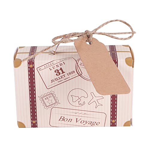Bzwyonst 50 Stück Mini-Koffer-Geschenkboxen, Vintage-Kraftpapier mit Anhänger und Seil für Hochzeit/Reiseparty/Brautparty-Dekoration Cover