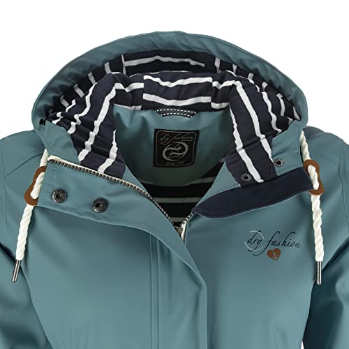 Dry Fashion Damen Regenmantel Kiel - Frauen Regenjacke Damen Jacke mit verstellbarer Kapuze Lang Winddicht Wasserdicht in Petrol Größe 52