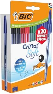 Stylos-Bille BIC Cristal Soft Pointe Moyenne 1,2 mm - Pack 20 Couleurs Assorties