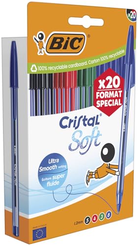 BIC Cristal Soft Stylos-bille Pointe Moyenne (1,2 mm) Édition Spéciale - Couleurs d’encre assorties, pack de 20