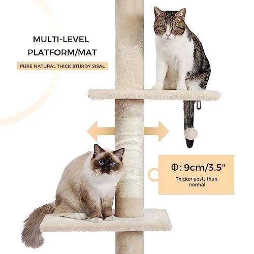 Petepela Cat Tower 5-Tier Floor To Ceiling Cat Tree Height(95-107 Inches) Adjustable, Tall Cat Climbing Tree Featuring With Scratching Post, Cozy Bed,Interactive Ball Toy For Indoor Cats/Kitten Beige #TOP2