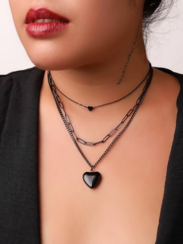 Sacina Goth Layered Black Heart Pendant Necklace, Gothic Grunge Punk Emo, Female, Stainless Steel, Pendant Necklace2