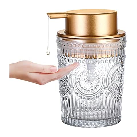 MKLZ 8 Oz Glass Dish Soap Dispenser, Clear Hand Liquid Bottle with Gold Plastic Pump, Refillable Round Dish Lotion Dispensing for Kitchen Sink & Bathroom Counter Cover