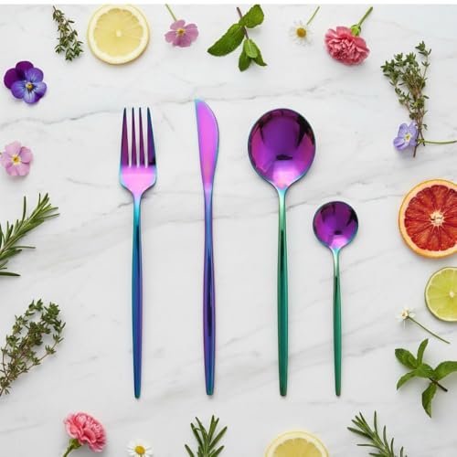 Image of 8 Pcs Rainbow Slim Handle Stainless Steel Cutlery Set for Dining Table with Spoons and Forks Set + Butterknives - The Perfect Tableware /Flatware