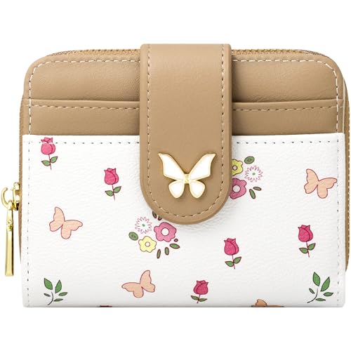Image of BIAOTIE Wallet for Women Cute Floral Flower Wallet RFID Credit Card Holder Purse Small Bifold Zipper Coin Pocket Purse with ID Windows (Butterfly Khaki)