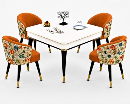 Image of WOODEN SPACE 4 Seater Wooden Dining Table Set | Urban Marble Top Dining Table with Chairs for Dining Room & Kitchen (Modern Classic Printed Mustard) (42 x 42 x 30 inch)