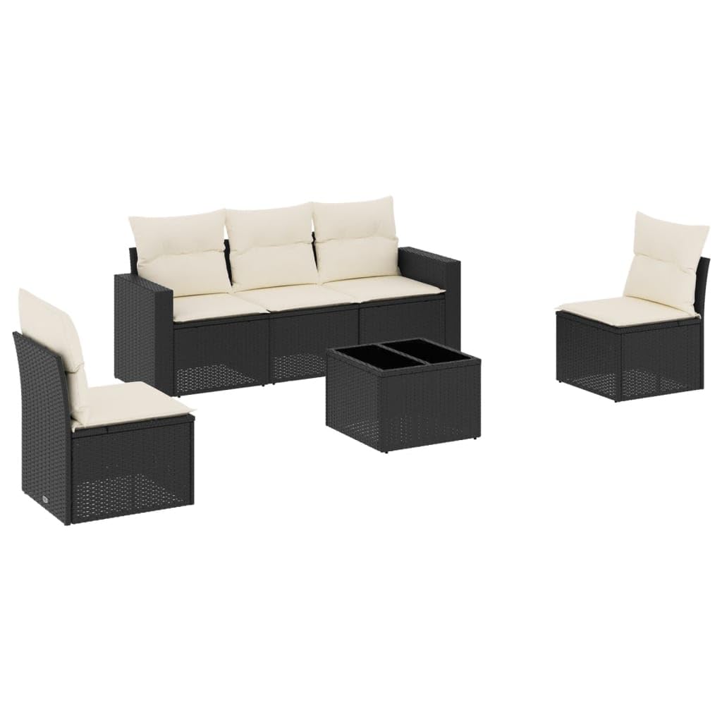 Set Divano da Giardino 6 pz con Tavolo in Rattan PE Nero | Mobili componibili per terrazzo e patio con vano portaoggetti integrato sotto la seduta e ripiano in vetro temperato.