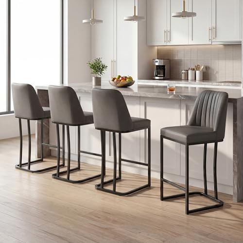 Image of LSSBOUGHT Counter Height Bar Stools Set of 2 24'' Upholstered Padded Barstools with Back Glam Kitchen Island Chairs with Black Metal Iron Frame (Gray,2pcs)