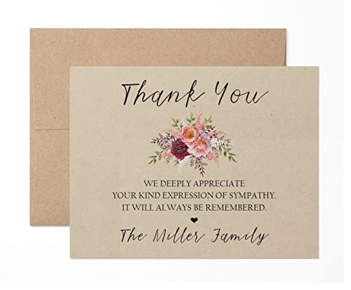 Personalized Funeral Acknowledgement Cards - Roses - Sympathy Thank You Bereavement Note Cards - Eco Friendly