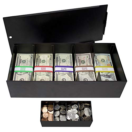 Nadex Lockable Metal 5 Compartment Currency Tray with Coin Tray Insert and Bill Wrappers | Cash Box with Sliding Lockable Cover | Lock not Included