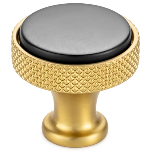 KOOFIZO 10 Pack Black and Gold Kitchen Cabinet Knobs Matte Black and Gold Drawer Knobs K28 Knurled Round Single Hole Cabinet Pulls for Cabinets Drawers Dresser Cupboard Bedroom Bathroom