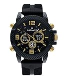 Reloj Negro Reloj anadigit para Hombre de Radiant. Colección Owen. Reloj Negro con Correa de Silicona Negra y Esfera a Tono con Detalles en Dorado. Bisel dentado. 5ATM. 47mm. Referencia RA535703.