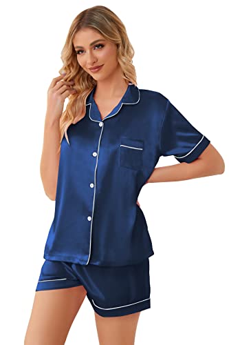 Image of Schbbbta Girls Womens Pajamas, Satin Silky Pjs Set Kids 2Pcs Button-Down Nightwear Sleepwear Gift for Mommy and me