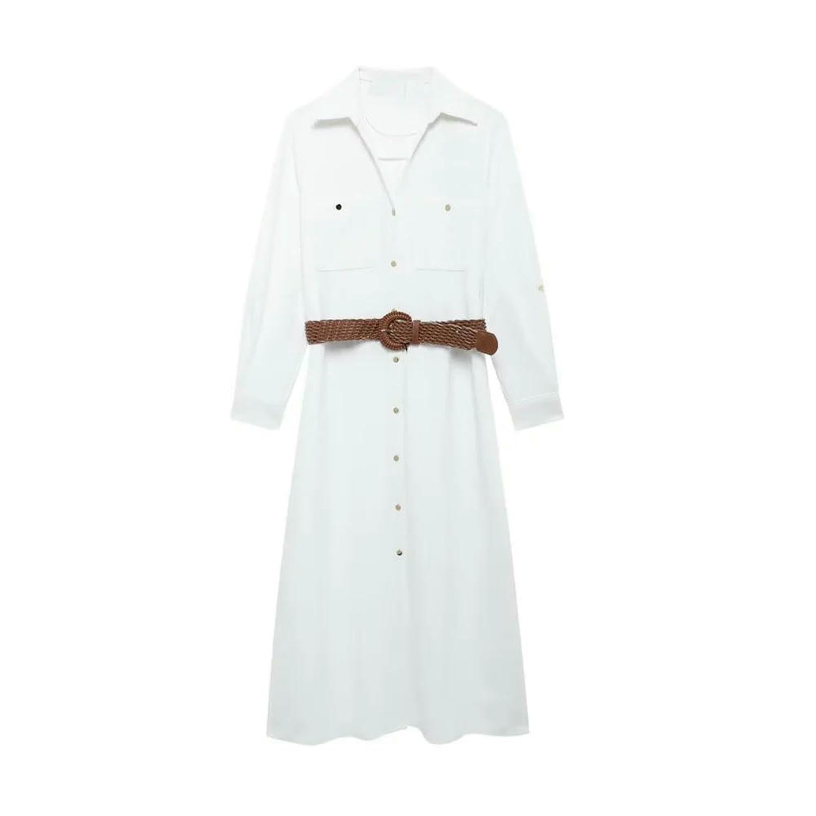 Vestito Donna Abito A Manicotto Corto da Donna, Abbigliamento da Camicia di Cotone con Abbottonatura Casual con Cintura-Beige-s