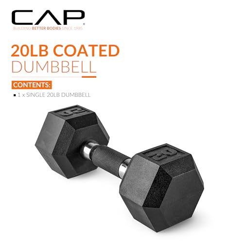 Image of CAP Rubber Coated Dumbbell Weights, Free Weights for Home Gym Strength Training, Anti-Roll Hex Dumbbells with Black, Chrome & Comfort Grip Handles, Singles