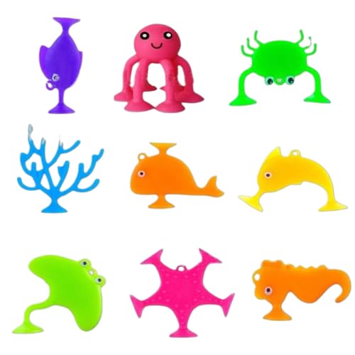 9 Piezas de Juguetes de Taza de succión, Juguetes de baño de plástico Blando succión de Animales oceánicos sin Orificio Juguete de bañera, Ventana sensorial construyendo Regalos de Juguete para niños