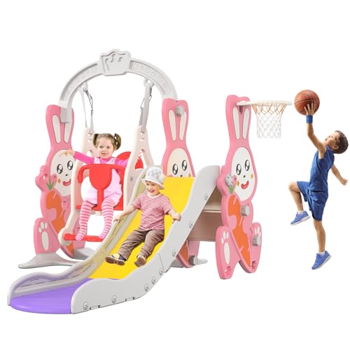 Scivolo per Bambini 4 in 1 con cestino da basket, arrampicata, altalena, scivolo al coperto per bambini, scivolo per bambini con altalena, area giochi al coperto e all'aperto