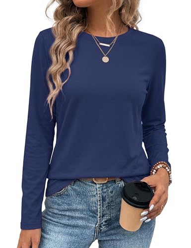 LaGracia Cotton Long Sleeve Shirt Women Crewneck Long Sleeve T Shirt Tops Soft Lightweight Basic Casual Tees Trendy Spring Fall Outfits 2026 Blue Grey L