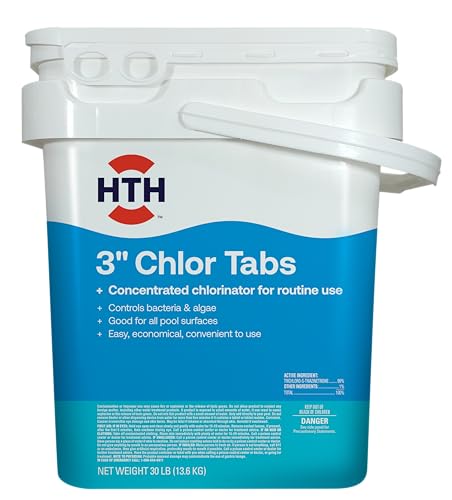 Image of HTH 42061 Pool Care 3 Chlorine Tabs, Individually Wrapped Tablets - Concentrated Chlorinator for Routine Use, Controls Bacteria & Algae, Good for All Pool Surfaces, 30 lb