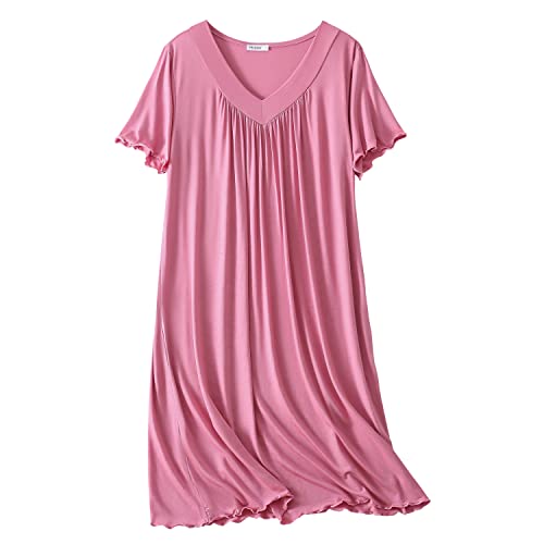 Pnaeong Women's Nightgown Comfy Sleepwear Pleated Nightshirt Short Sleeves Flare Nightdress Xtsy666-V Blush Pink-3Xl #TOP1