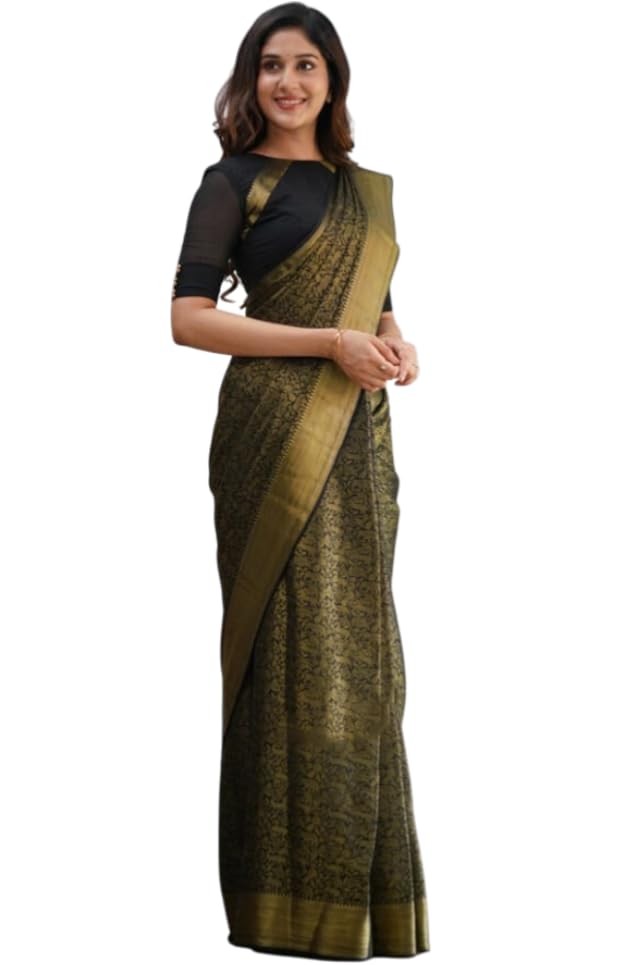 Image of Flosive inchHeritage Glow Banarasi Kanjivaram Style Saree in Olive Green with Rich Zari Border inch