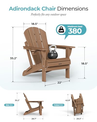 Ciokea Folding Adirondack Chair Wood Texture, Patio Adirondack Chair Weather Resistant, Plastic Fire Pit Chair with Cup Holder, Lawn Chair for Outdoor Porch Garden Backyard Deck (Teak) - Image 2