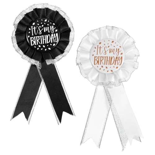 2 Pcs Birthday Pins for Women It's My Birthday Brooch Satin Fabric Happy Birthdays Pin for Award Badge Prize Party Decoration Jewelry Gift Women Men Black White