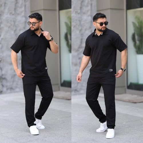 Miza Men's Summer Button Collar Summer Milton Sport Set with Woven Badge Comfortable Summer Fabric Tring (Black, XL)