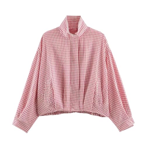 Plaid Bomber Jacket Women Oversized Cropped Funnel Neck Gingham Jacket - image 1