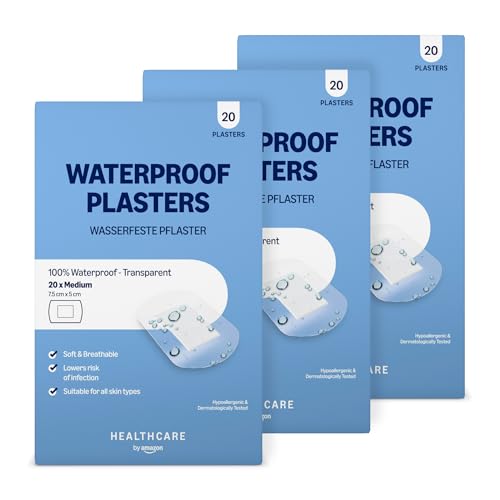 Healthcare By Amazon Wasserdichte Pflaster, 60 Stück (3 Packungen à 20 Stück), 7,5cm x 5,0cm (Zuvor eine Marke von Amazon Basic Care, Identisches Produkt)