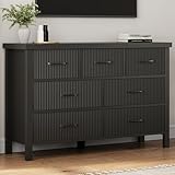 Jocoevol Fluted 7 Drawers Dresser for Bedroom, Modern Chest of Drawers with Metal Handle, Wood Dresser TV Stand, Wooden Closet Clothes Storage Organizer for Living Room, Hallway (Black)