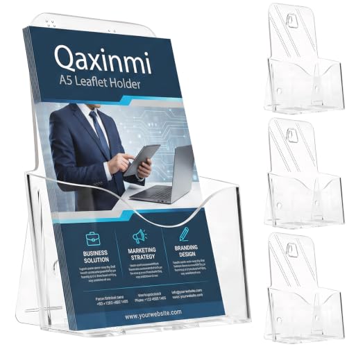 Image of Qaxinmi A5 Leaflet Holder, 4-Pack Clear Acrylic Portrait Brochure Holder, Wall Mount or Countertop Literature Display Stand, Single Pocket Flyer Dispenser for Reception Desk, Office, Shop, Exhibition