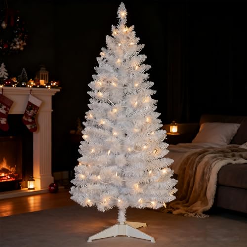 4ft Lighted Artificial White Christmas Tree | Leeheeyee Small Christmas Tree, Not Pre-lit White Tinsel Pine Trees with Lights, Ideal for Home, Office,