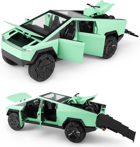 Image of 1 /24 Tesla Cybertruck Diecast Metal Toy Truck with Lights and Sounds, Mini Vehicle for Boys Ages 3 and Up, Realistic Design, Fun Educational Play, for Kids and Collectors (Green)