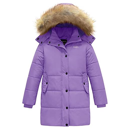 Wantdo Flickors vinter bomull vadderad kappa varm utomhus vindtät jacka fuskpäls huva rockar barn parkas jacka, Lila, 152/158 cm