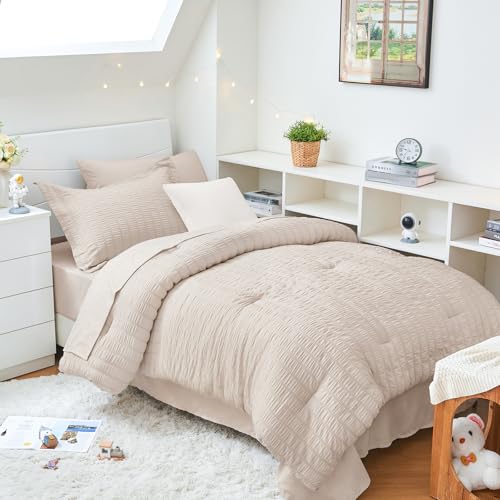 HYMOKEGE Beige Twin XL Comforter Set Seersucker 5 Pieces, All Season Luxury Bed in a Bag for Bedroom, Bedding Set with Comforter, Sheets, Pillowcase & Sham