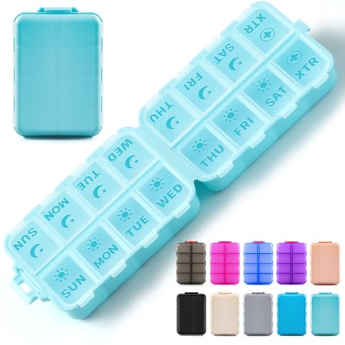 Foldable Weekly AM PM Pill Organizer (14 Grids & 16 Grids), Sky Blue