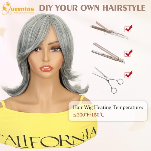 Image of 15 Inch Layered Synthetic Hair Wig for Women with Curtain Bangs(#Grey)