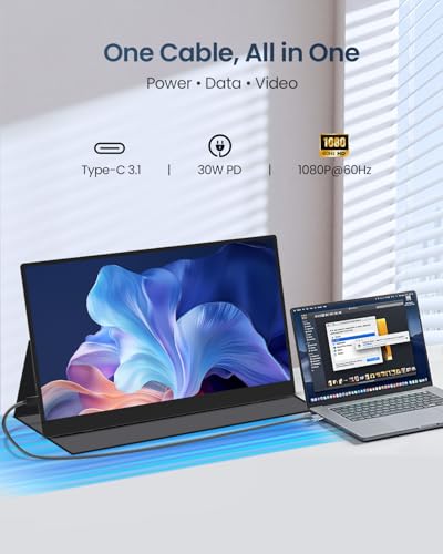Image of 15.6 inch Portable Monitor, 1.38lbs Ultra-Light Laptop Screen Extender, 60Hz 1080P FHD IPS Travel Display with Stable VESA Mount & Smart Cover, USB C /HDMI Plug & Play External Screen for Mac Phone PS5
