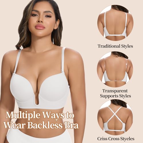 Image of JOYSHAPER Low Cut Bras for Women Backless Plunge Bra with Clear Straps | Cleavage Underwire Push Up Bra, Multiway Strap Low Back, Multiway Strap, For Any Deep U Plunge Tops Wedding Party Dresses