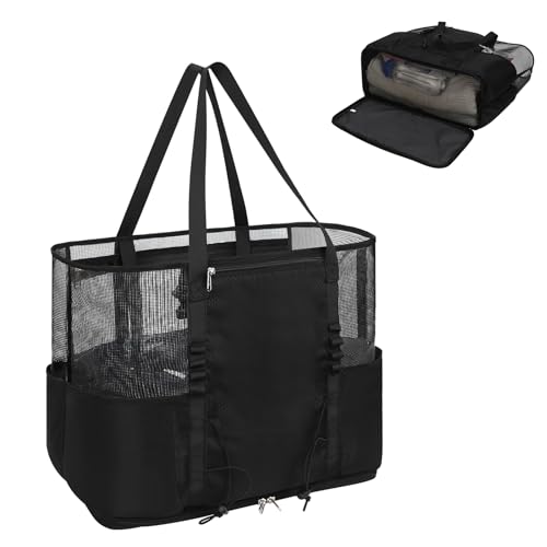Mesh Beach Bag, Extra Large Beach Bags for Women, Travel Beach Tote Bag with Multi Pockets for Family & Vacation Essentials, Waterproof Sandproof Mesh Tote Bag with Wet Dry Separation for Swim Pool