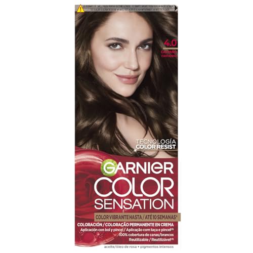 GARNIER - Pack 4 Color Sensation Tinte Permanente 4.0 Castaño, Color Intenso y Brillo Espejo, Cobertura 100% de Canas con Aceites Florales